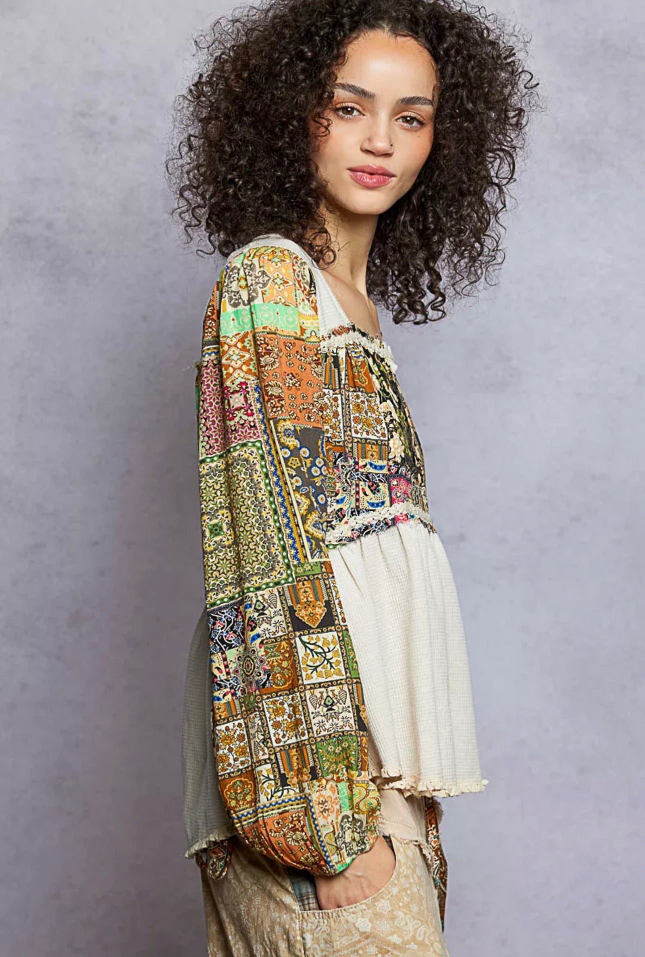 POL Balloon Sleeve Peplum Blouse with Trim Detail