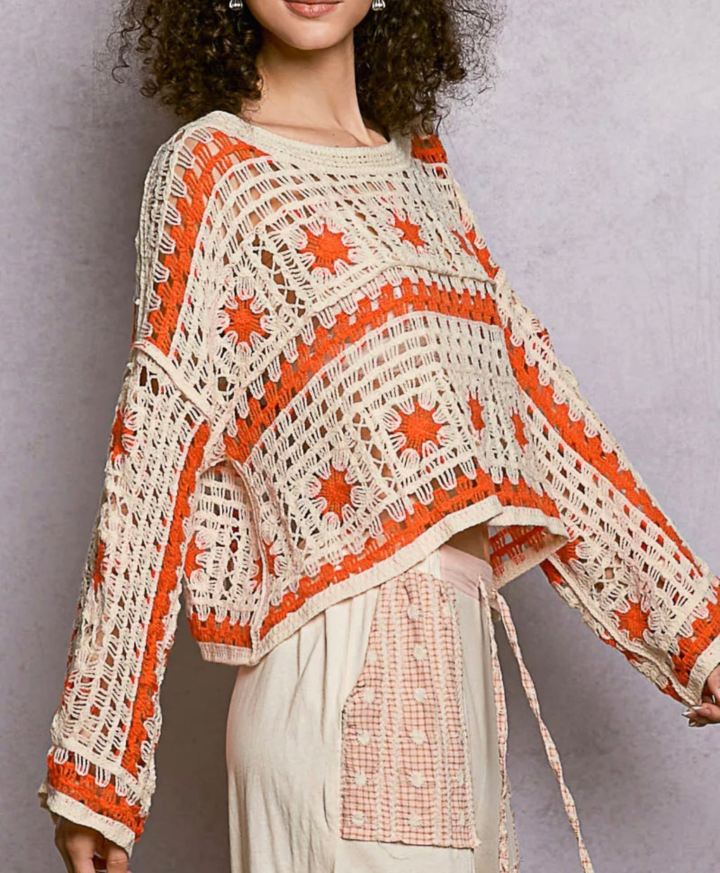 POL Boat Neck Long Sleeve Crochet Top with Granny Square Weaving