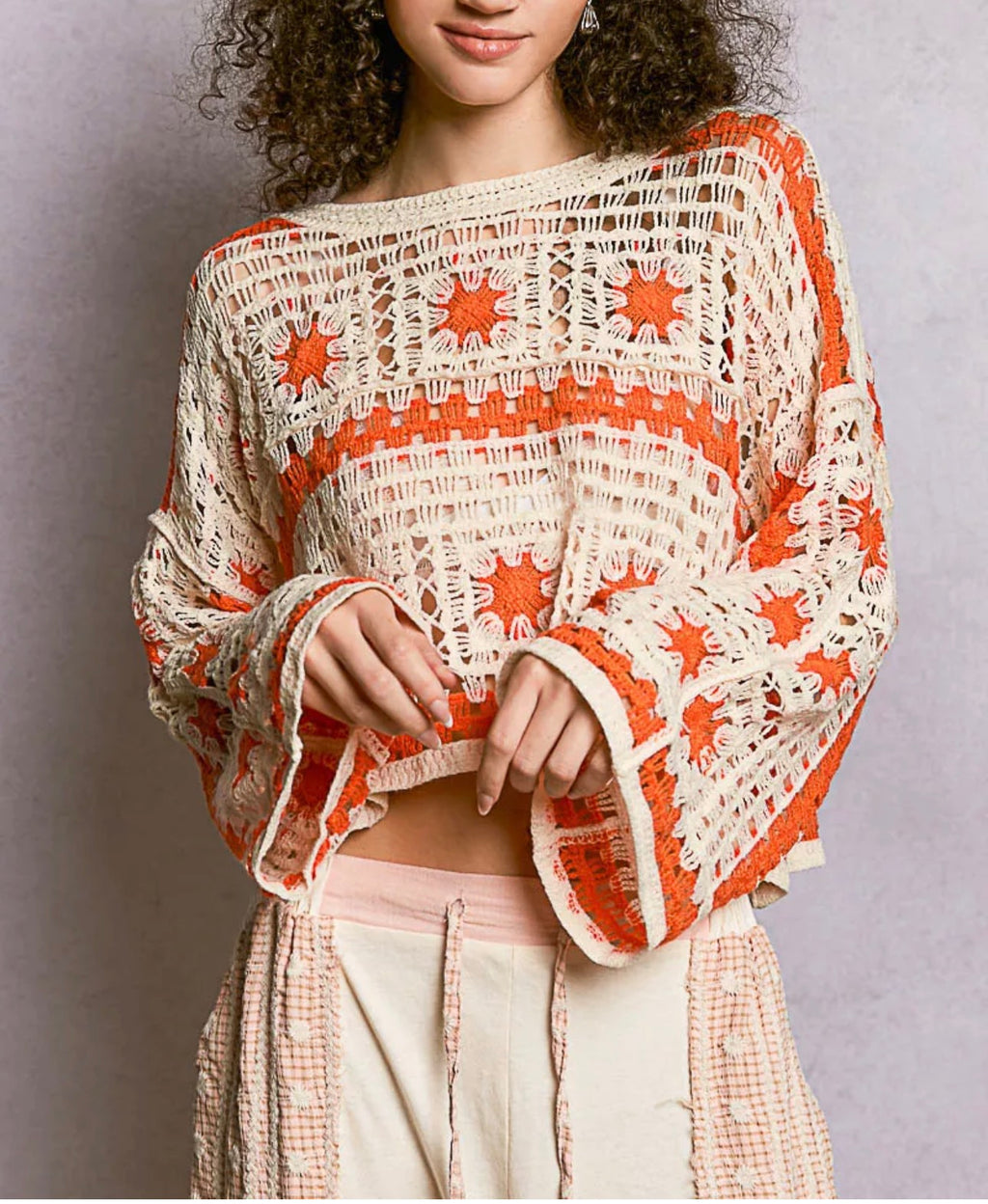 POL Boat Neck Long Sleeve Crochet Top with Granny Square Weaving