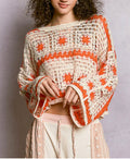 POL Boat Neck Long Sleeve Crochet Top with Granny Square Weaving