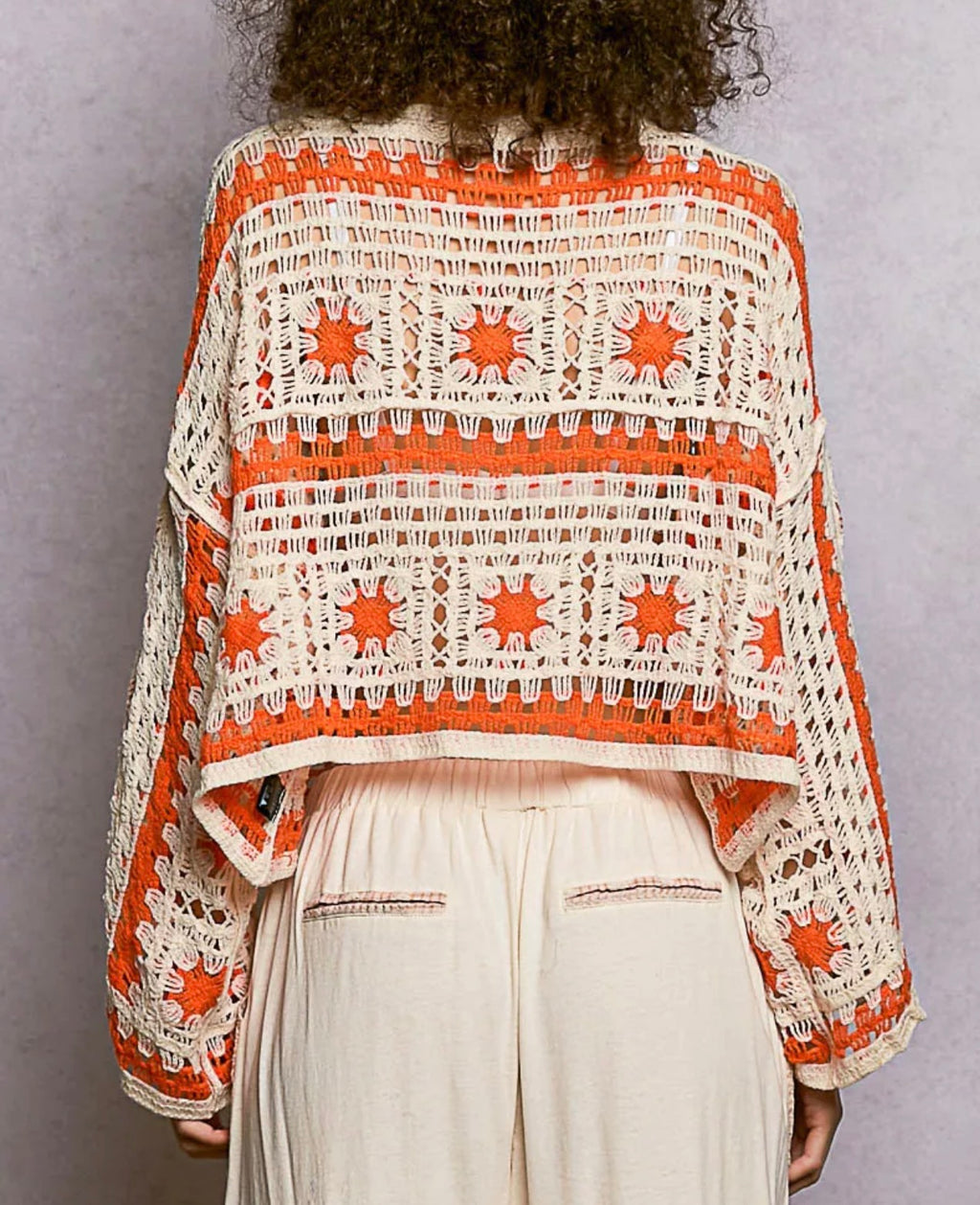 POL Boat Neck Long Sleeve Crochet Top with Granny Square Weaving