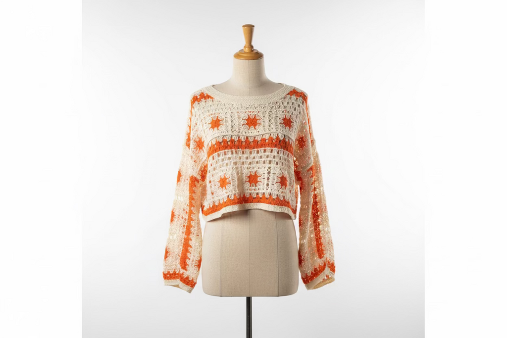 POL Boat Neck Long Sleeve Crochet Top with Granny Square Weaving