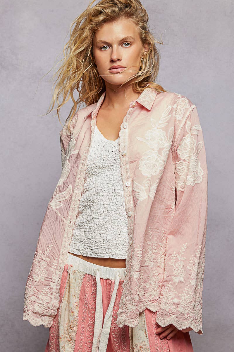 POL Long Sleeve Scalloped Edge Embroidered Blouse