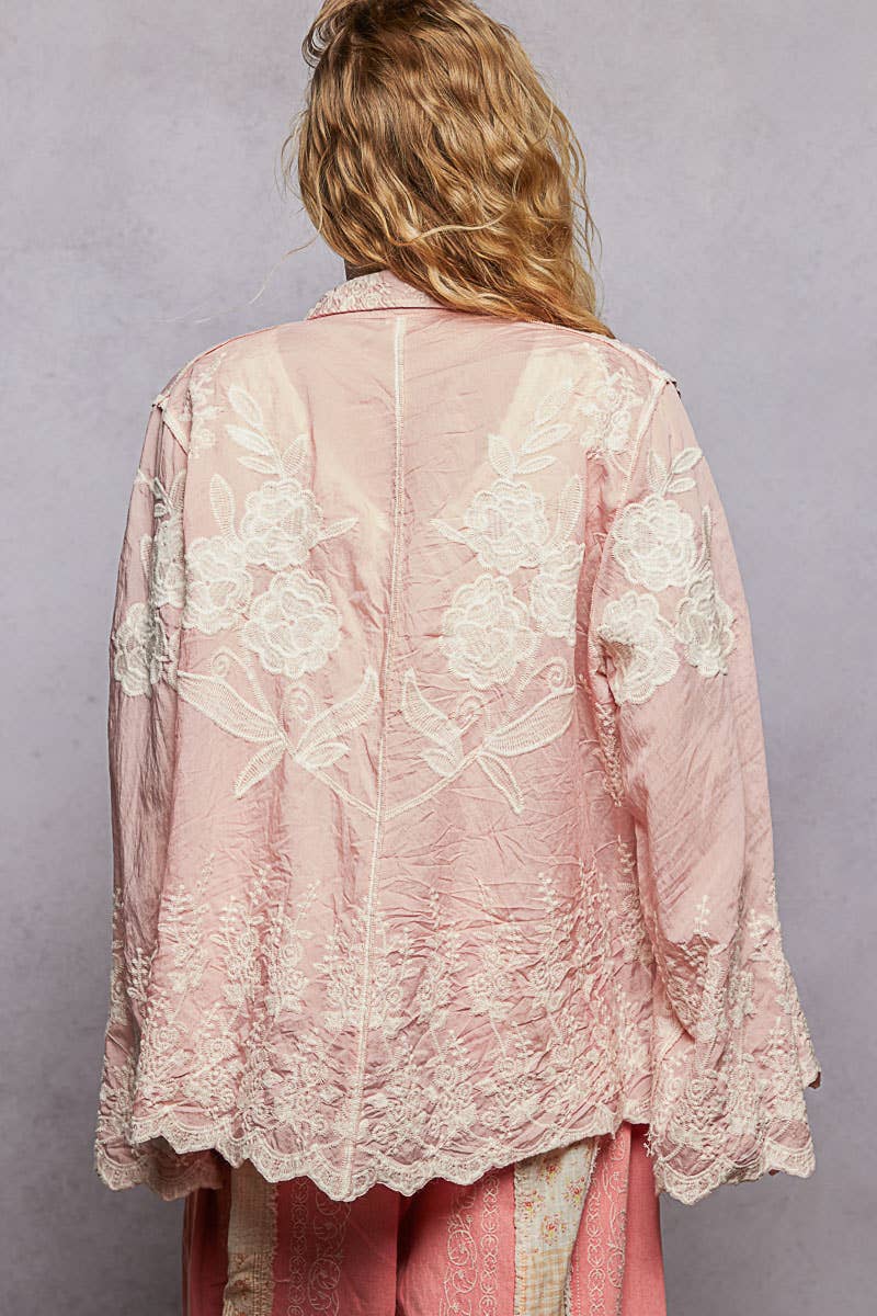 POL Long Sleeve Scalloped Edge Embroidered Blouse