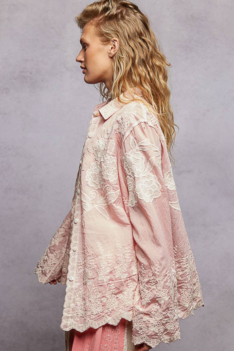 POL Long Sleeve Scalloped Edge Embroidered Blouse