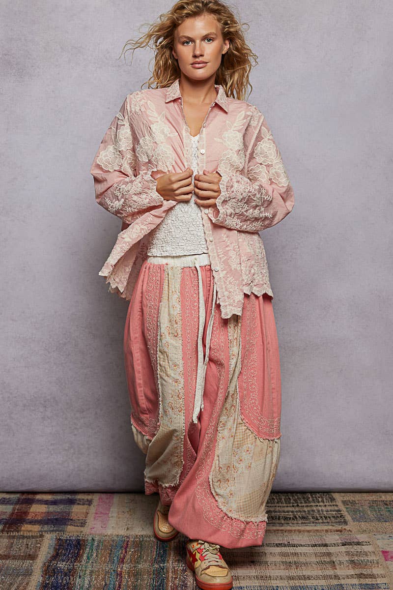 POL Long Sleeve Scalloped Edge Embroidered Blouse