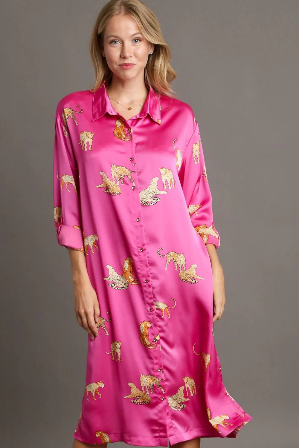 UMGEE Full Size Animal Print Button Down Midi Shirt Dress