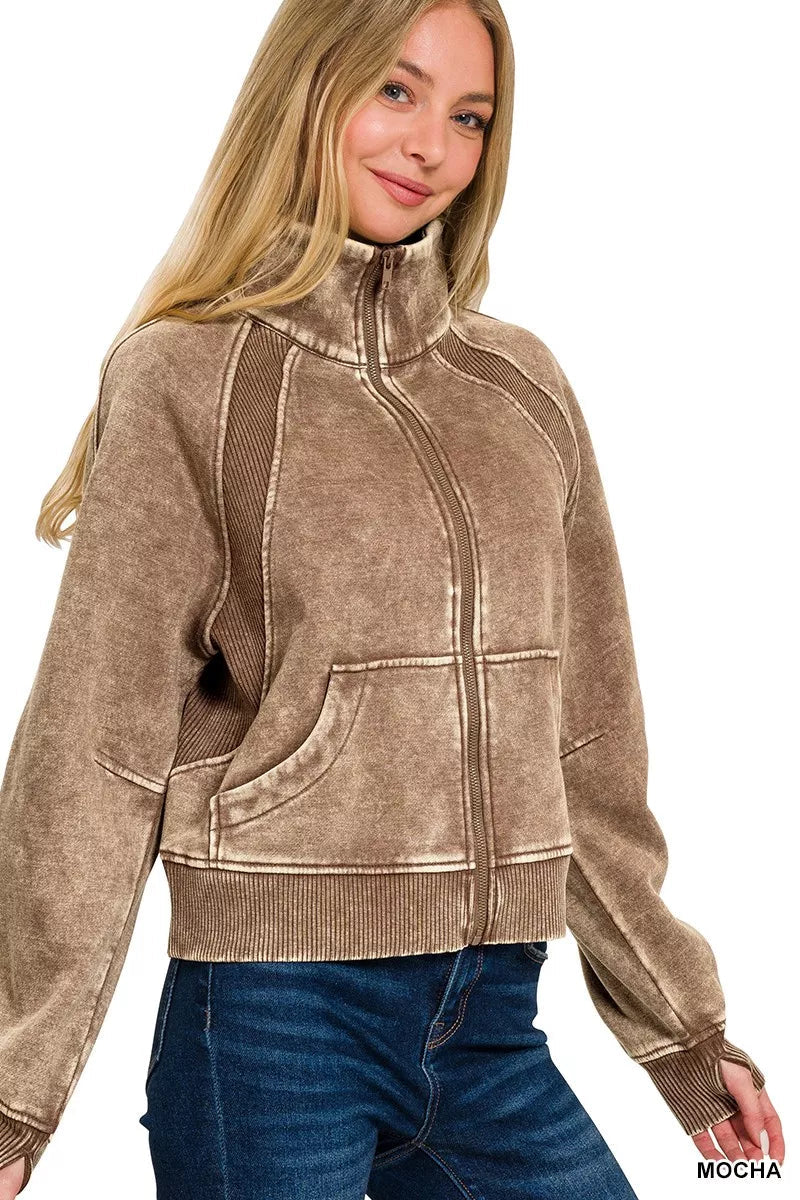 Zenana Acid Wash Zip Up Fleece Jacket