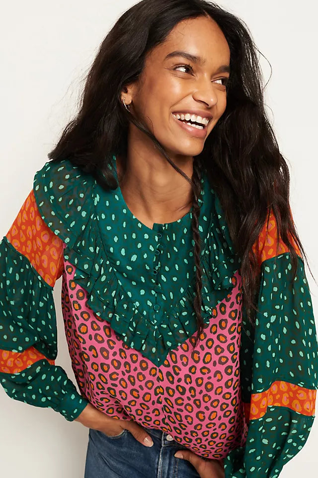 Farm Rio x Anthropologie Ruffle Blouse Multicolor Animal Print Boho Top