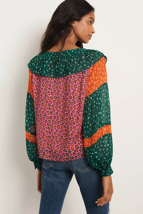 Farm Rio x Anthropologie Ruffle Blouse Multicolor Animal Print Boho Top