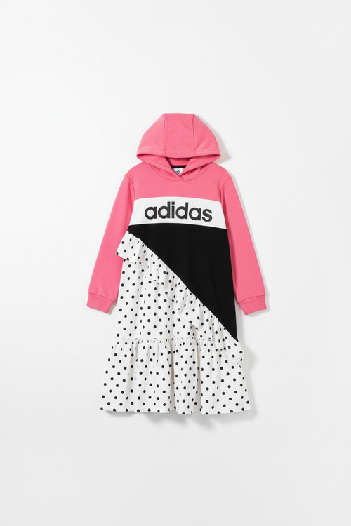 Professional product photo with larger pink Adidas hoodie and polka dot skirt outfit