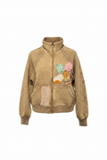 Professional studio photo of upcycled bomber jacket with floral appliqués