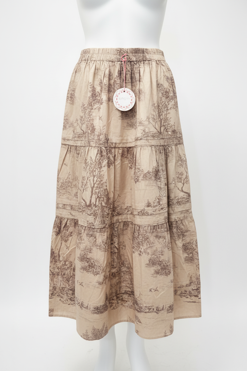 Professional studio product photo of tiered toile skirt